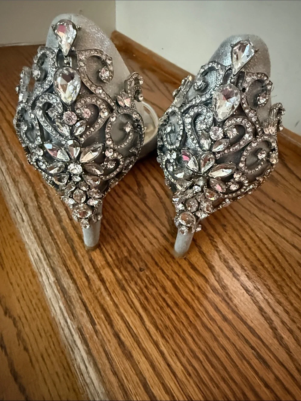 Badgley Mischka Silver Crystal-Embellished Peep-Toe Wedges